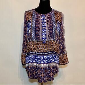 Daniel Rainn blue and gold mixed print peasant top size Small
